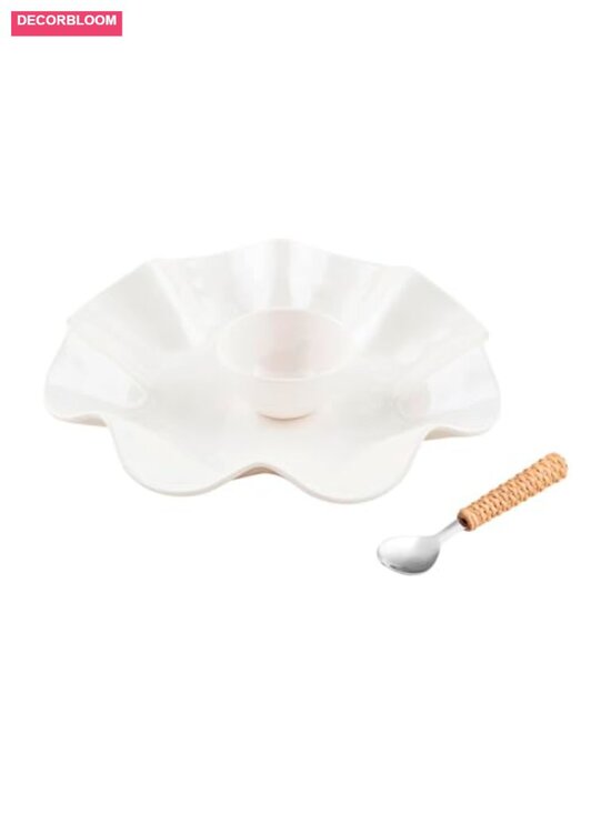 Other - Ruffled Melamine Chip Dip Set with Stainless Steel Spoon Rattan Handle 2 Piece